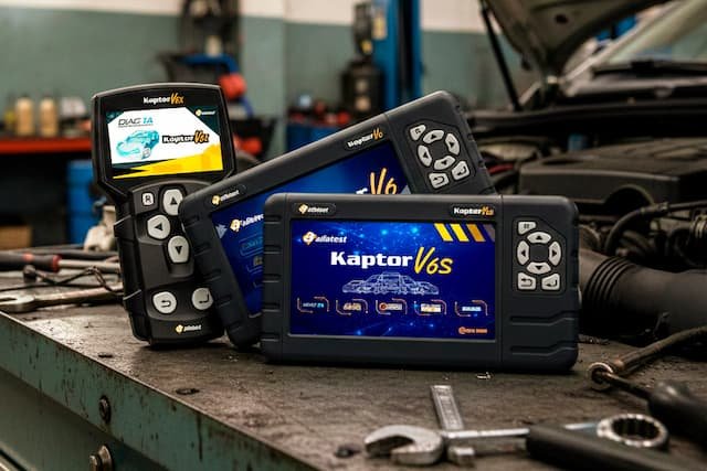 Equipamentos de diagnóstico automotivo Kaptor V5X, V6 e V6S da Alfatest em oficina mecânica, equipamento pronto para análise eletrônica.