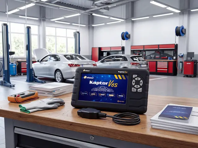 Equipamento de diagnóstico automotivo Kaptor V6S da Alfatest em oficina mecânica, equipamento sobre a bancada.